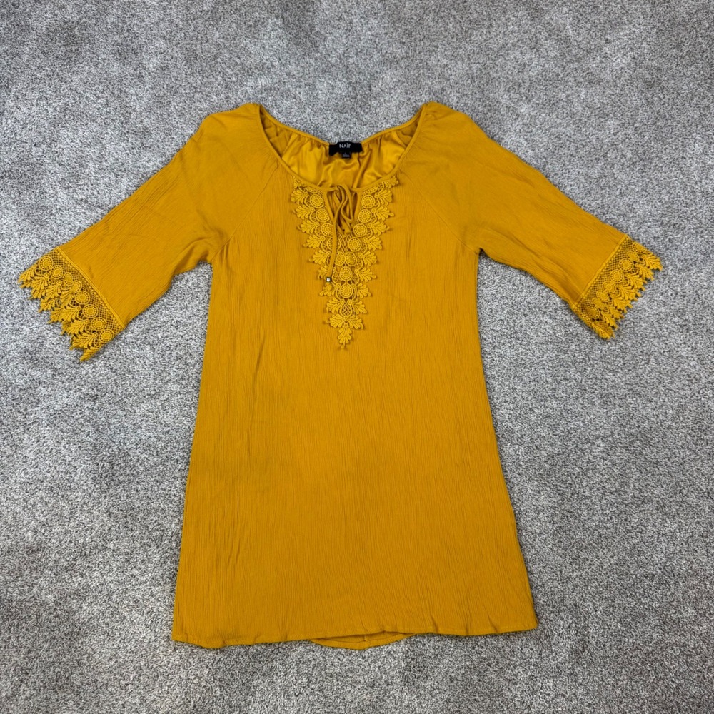 NAÏF Mustard Yellow Crochet Lace Tie Neck‎ Tunic Top 3/4 Sleeve L